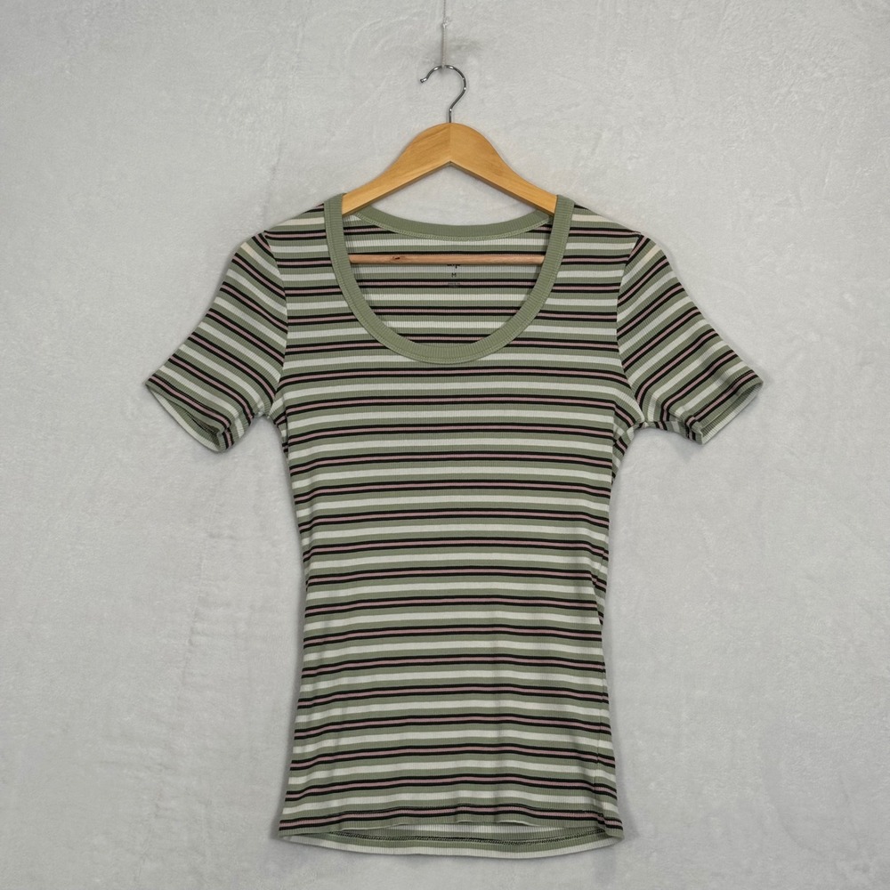 dip Green Striped Ribbed Scoop Neck Tee Size M